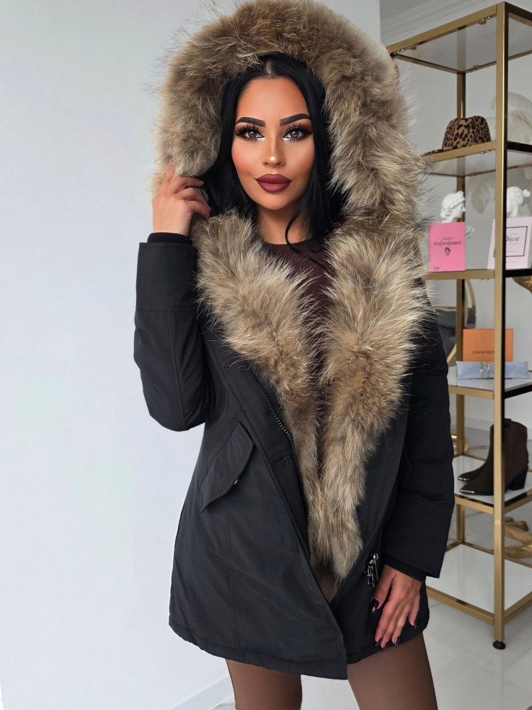 Модерна черна Chic парка с качулка и естествен косъм