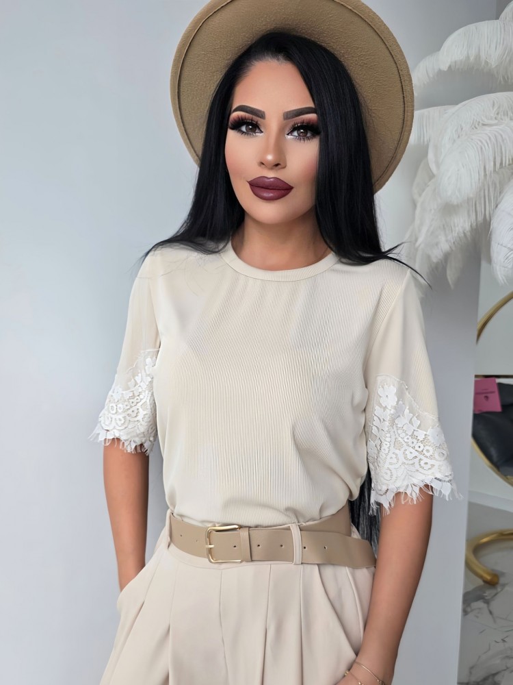 Тениска от ефирен рипс Beige Vibe