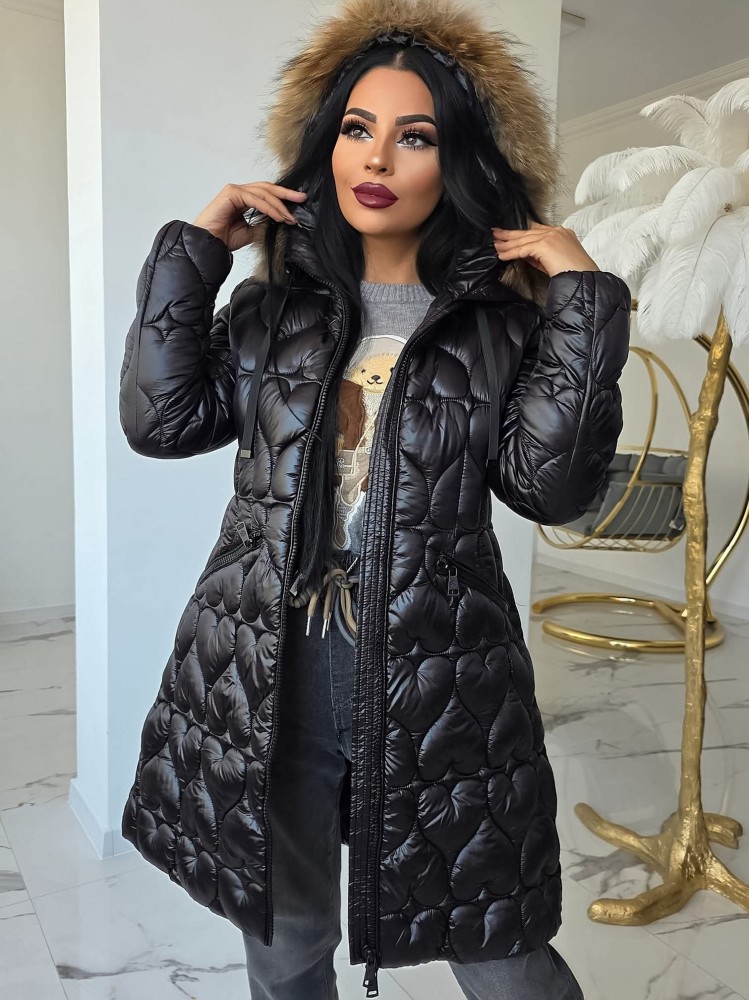 Зимно яке в черно с естествен косъм Зимно яке в черно с естествен косъм